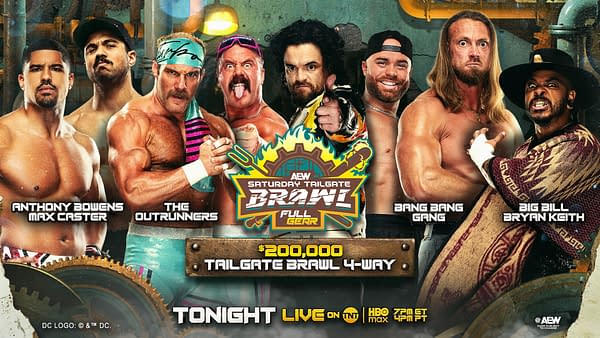 A promotional graphic for the AEW Full Gear event featuring six wrestlers including Anthony Bowens, Max Caster, and The Outrunners, set in an industrial-style background. The graphic highlights a $200,000 tailgate brawl match with vibrant colors and bold text.