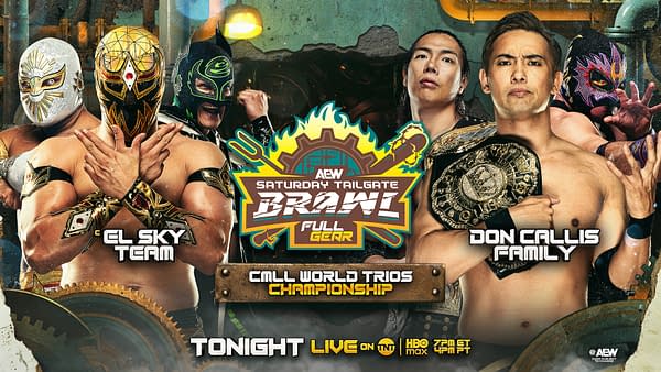 A promotional graphic for AEW's Full Gear event featuring masked wrestlers, including members of 'El Sky Team' and 'Don Callis Family.' The design includes the event title, logo, and details about the CMLL World Trios Championship match.