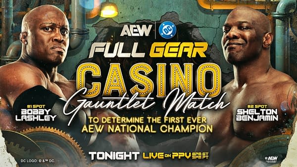 A promotional graphic for the AEW Full Gear event featuring two wrestlers, Bobby Lashley and Shelton Benjamin, with bold text announcing a Casino Gauntlet Match to determine the AEW National Champion. The background includes mechanical elements and a dramatic, colorful design.