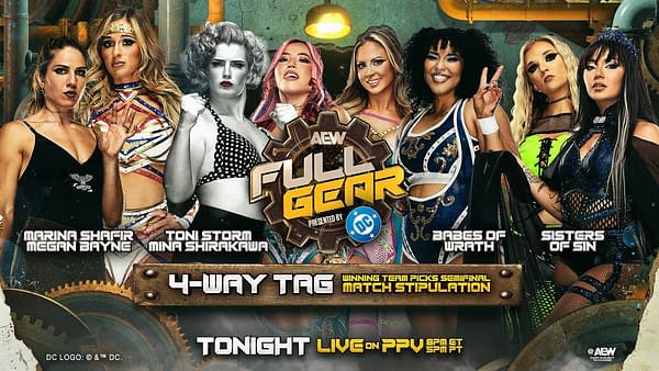 A promotional graphic for AEW Full Gear featuring several female wrestlers in distinct outfits, displaying their team names and match details. The bold logo for 'Full Gear' is prominently displayed, with additional text indicating the event details.