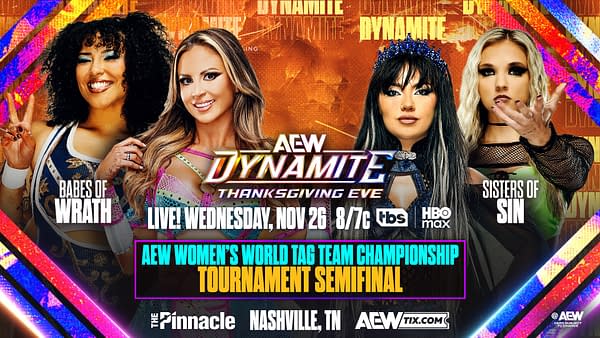 Promotional graphic for AEW Dynamite on Thanksgiving Eve featuring four female wrestlers: two members of the Babes of Wrath and two from the Sisters of Sin, with bold text emphasizing the AEW Women's World Tag Team Championship semifinal match.