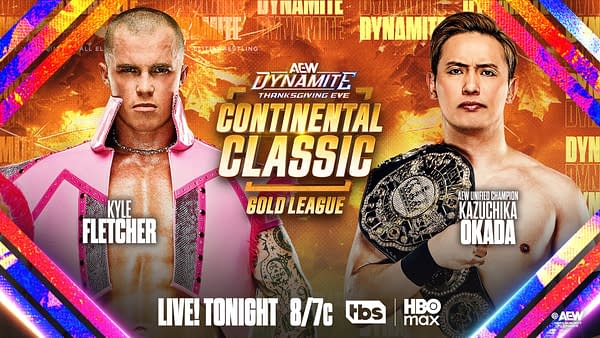 Promotional graphic for AEW Dynamite featuring wrestlers Kyle Fletcher and Kazuchika Okada, with vibrant backgrounds and event details.