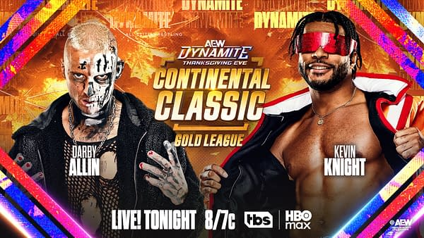 A promotional graphic for the AEW Dynamite Continental Classic featuring two wrestlers, one with a face painted in black and white and wearing a black jacket, and the other with long hair, sunglasses, and a brightly colored outfit. The background is vibrant with orange and graphic elements detailing the event.