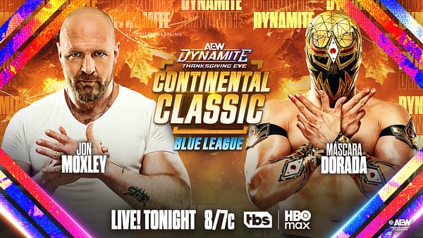 A promotional graphic for AEW Dynamite featuring two wrestlers: Jon Moxley, a bald man in a white shirt with a stern expression, and Mascara Dorada, a masked wrestler in a golden mask and costume. The background includes vibrant colors and text announcing the Continental Classic, Blue League, and live broadcast details.