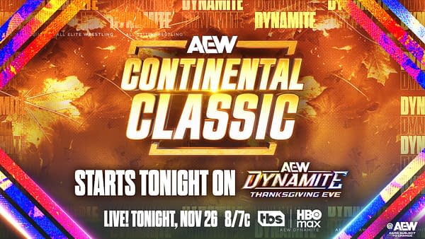 Bright graphic promoting AEW's Continental Classic event with bold text announcing the start time and network details. The background features autumn leaves and dynamic colors.