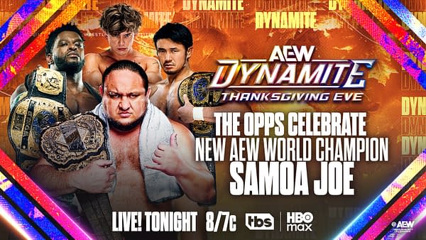 A promotional graphic for AEW Dynamite featuring four wrestlers, each holding championship belts. The background has vibrant colors and text celebrating Samoa Joe as the new AEW World Champion.