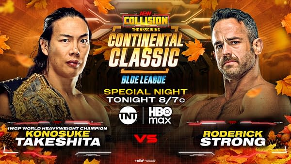 Graphic featuring two professional wrestlers, Konosuke Takeshita and Roderick Strong, set against a backdrop with falling autumn leaves. The design highlights their match in the AEW Collision Thanksgiving Continental Classic.