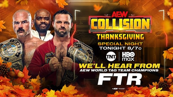 A promotional graphic for AEW Collision featuring three wrestlers, two of whom hold championship belts. The background is decorated with autumn leaves, and text announcing a special Thanksgiving episode is prominently displayed.