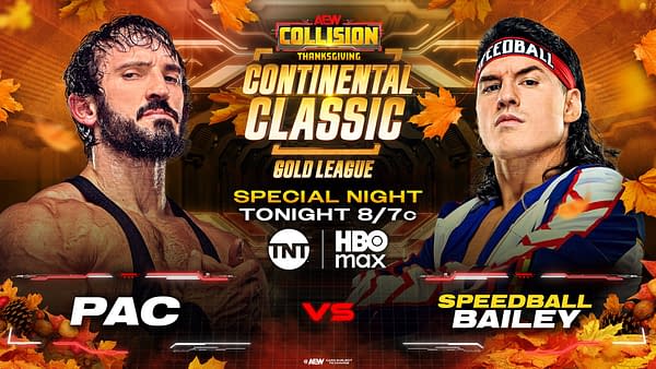 A promotional graphic featuring two wrestlers, PAC and Speedball Bailey, set against a backdrop of falling autumn leaves. The graphic highlights the AEW Collision event, indicating a special Thanksgiving night match in the Gold League.
