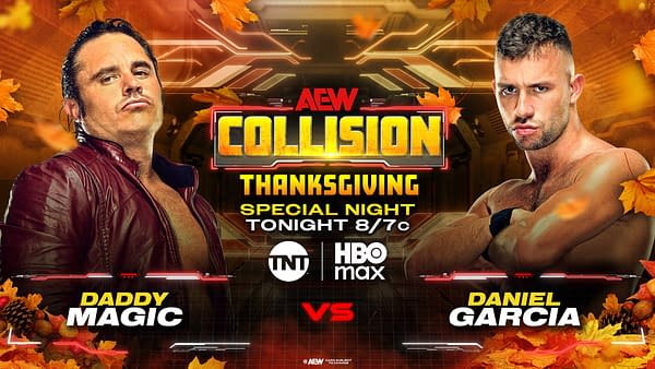 A promotional graphic for AEW Collision featuring wrestlers Daddy Magic and Daniel Garcia, set against an autumn-themed background with leaves. The design also highlights the event details for a Thanksgiving special night.