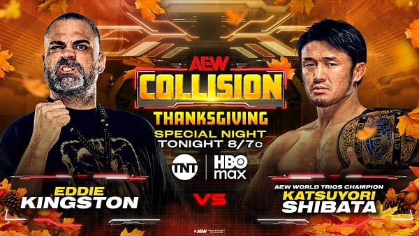 A promotional graphic for AEW Collision featuring two wrestlers, Eddie Kingston and Katsuyori Shibata, in a face-off. The background includes autumn leaves, emphasizing a Thanksgiving theme, while the title announces a special Thanksgiving night event.