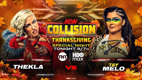 A promotional graphic for AEW Collision featuring wrestlers THEKLA and TAY MELO, with autumn leaves in the background and the text 'THANKSGIVING SPECIAL NIGHT TONIGHT 8/7c.'