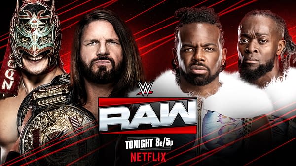 A promotional graphic for WWE Raw featuring four wrestlers: a masked luchador holding a championship belt, a man with long hair, and two wrestlers in matching outfits. The graphic displays the WWE Raw logo and indicates the show time as 8 PM Eastern/5 PM Pacific on Netflix.