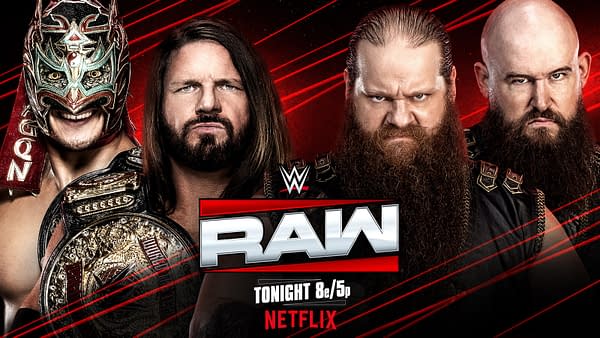 A promotional graphic for WWE Raw featuring four wrestlers, including a masked figure, a champion, and two rugged opponents with beards. The text highlights the show's title and schedule, along with the Netflix logo.