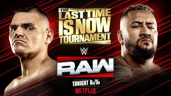 Two male wrestlers face off in a promotional graphic for the WWE tournament titled 'The Last Time Is Now.' The graphic features bold lettering, including 'RAW' and highlights the match airing tonight.