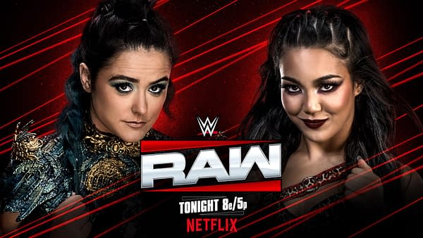 A promotional graphic for WWE Raw features two female wrestlers facing each other with intense expressions. The background has red streaks, and the WWE Raw logo is prominently displayed with information about the show's airing time and platform, Netflix.