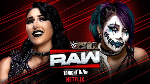 A promotional graphic for WWE Raw featuring two female wrestlers: one with dark makeup and a spiked outfit, the other painted with colorful face paint and holding a championship belt. The background is red with dynamic lines and the WWE Raw logo prominently displayed.