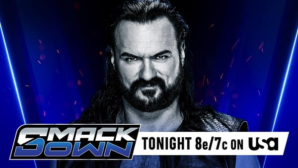 A WWE promotional graphic featuring Drew McIntyre against a dark blue background, with the 'SmackDown' logo prominently displayed. The text indicates a broadcast time of 8e/7c on USA Network.