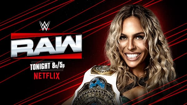 A promotional graphic for WWE Raw featuring a smiling woman with long, curly hair holding a championship belt. The graphic includes the WWE Raw logo and text indicating a Netflix airing tonight at 8 PM Eastern/5 PM Pacific.