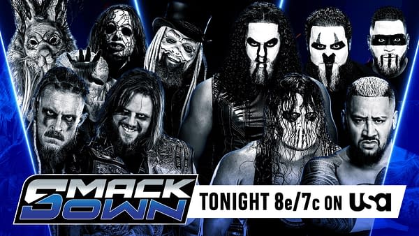 A promotional graphic for WWE SmackDown featuring multiple wrestlers in dramatic makeup and costumes. The logo states "SMACKDOWN" prominently at the bottom, with the text indicating the show is airing tonight at 8e/7c on USA.