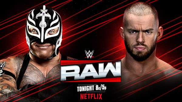 A promotional image for WWE Raw featuring two wrestlers facing off—one is wearing a black and white mask and the other has short hair and a beard. The background includes dynamic red lines, and the WWE Raw logo is prominently displayed.