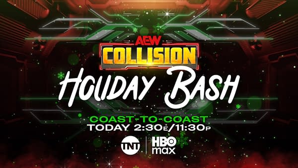 A colorful promotional graphic for the AEW Collision Holiday Bash event, featuring festive designs with the text 'AEW COLLISION' prominently displayed. Additional text announces the event's date and broadcast channels.