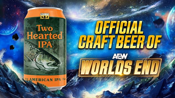 AEW promo art: A vibrant illustration featuring a can of Bell's Two Hearted IPA against a cosmic background. The text proclaims it as the official craft beer of AEW World's End event.