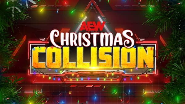 A vibrant and festive graphic featuring the words 'AEW Christmas Collision' in bold, colorful letters, surrounded by holiday lights and greenery. The background has a tech-inspired design with red and neon elements.