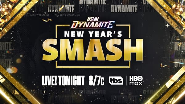 A promotional graphic for AEW Dynamite's New Year's Smash event, featuring the title 'SMASH' in bold gold letters, with the event time and broadcasting details prominently displayed. The background is decorated with confetti and a disco ball effect.