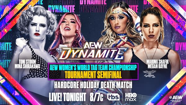A promotional graphic for the AEW Women's World Tag Team Championship featuring four female wrestlers: Toni Storm, Mina Shirakawa, Marina Shafir, and Megan Bayne, displayed against a vibrant background. The graphic highlights the tournament semifinal match and includes broadcasting details.