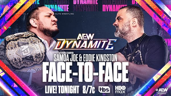 A promotional graphic for AEW Dynamite featuring wrestlers Samoa Joe and Eddie Kingston facing each other, with Samoa Joe holding the AEW World Championship title. The background displays vibrant colors and the AEW logo prominently.