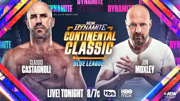A promotional graphic for AEW Dynamite's Continental Classic featuring wrestlers Claudio Castagnoli and Jon Moxley. The background displays vibrant colors and bold text announcing the event's details.
