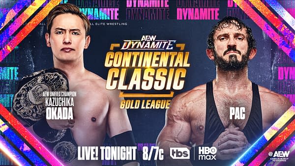 A promotional illustration for AEW Dynamite featuring two wrestlers. On the left, Kazuchika Okada, the AEW Unified Champion, displays his championship belt, while on the right, PAC poses confidently. The background includes colorful graphics and the event title, 'Continental Classic.'