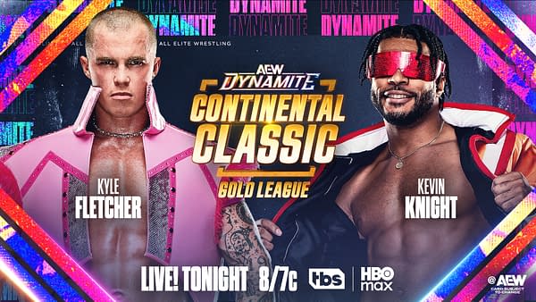 Promotional graphic for AEW Dynamite features two wrestlers, Kyle Fletcher wearing a pink outfit and Kevin Knight dressed in a flashy red and black jacket. The background displays the show's title and logos, highlighting the event's details.