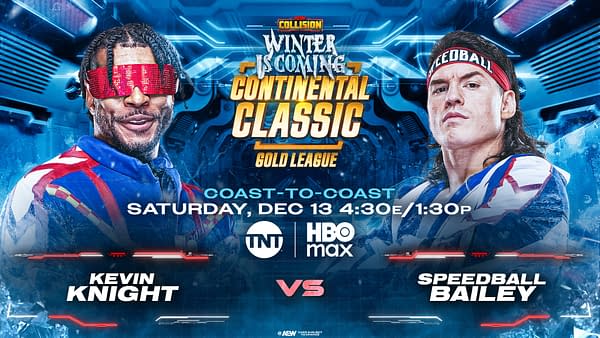 A promotional graphic for the AEW Collision event 'Winter is Coming,' featuring two wrestlers: Kevin Knight wearing red glasses and a blue outfit, and Speedball Bailey with a red headband and long hair. The background has a futuristic design with the text 'Continental Classic Gold League' prominently displayed.