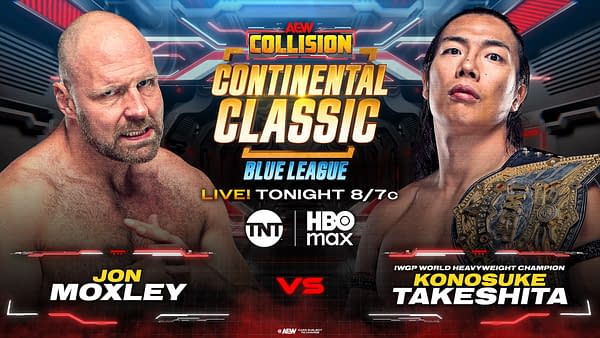 A promotional graphic for AEW Collision featuring two wrestlers: Jon Moxley on the left and Konosuke Takeshita on the right. Moxley has a fierce expression, while Takeshita is holding a championship belt, conveying a competitive atmosphere.