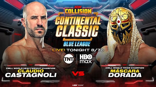 Promotional image for AEW Collision featuring two wrestlers: Claudio Castagnoli, a muscular man with a serious expression, and Máscara Dorada, who wears a golden luchador mask and cape. The background includes futuristic design elements related to wrestling events.