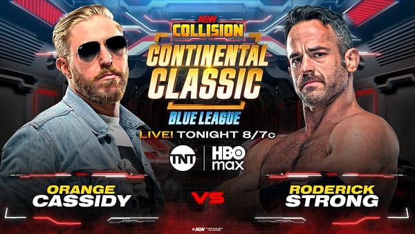 A promotional graphic featuring two male wrestlers, Orange Cassidy and Roderick Strong, positioned against a dynamic digital backdrop. The text highlights 'AEW Collision Continental Classic' and indicates a live event scheduled for tonight.