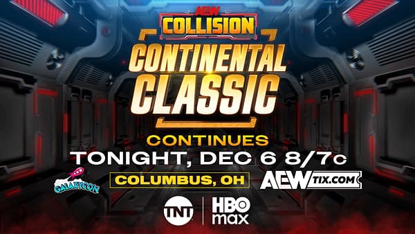 A promotional graphic for AEW Collision's Continental Classic, featuring bold text that states 'Continental Classic Continues' along with details about the event date and location. The background consists of a futuristic setting with illuminated edges.