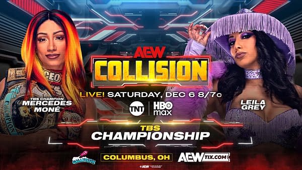 A promotional graphic for AEW Collision features TBS Champion Mercedes Moné on the left, showcasing her colorful hair and championship belt, alongside Leila Grey on the right, wearing a purple outfit and hat. The background includes dynamic red and blue designs and text announcing the event.