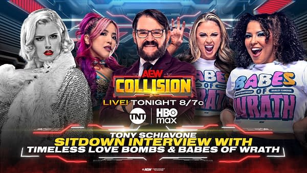 A promotional image for AEW Collision features four figures: a glamorous woman in black and white attire, a woman with pink hair, Tony Schiavone in a suit with glasses, and two others in colorful shirts emblazoned with 'Babes of Wrath'. The background is a futuristic setting with bright colors and digital elements.