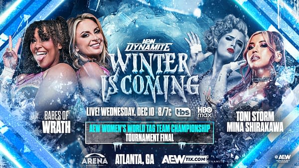 A promotional graphic for an AEW event titled 'Winter is Coming'. It features three female wrestlers, alongside text indicating the date and event details, with a wintery background design.