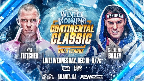 Promotional poster for a wrestling event featuring Kyle Fletcher and Speedball Bailey, set against a winter-themed background with icy elements and vibrant colors.