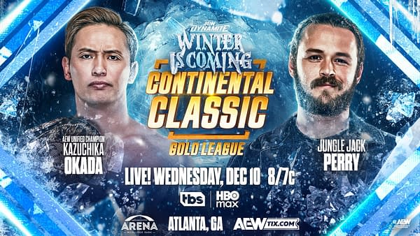A promotional graphic for the AEW event 'Winter is Coming,' featuring wrestlers Kazuchika Okada and Jungle Jack Perry. The background is icy with the event details prominently displayed.