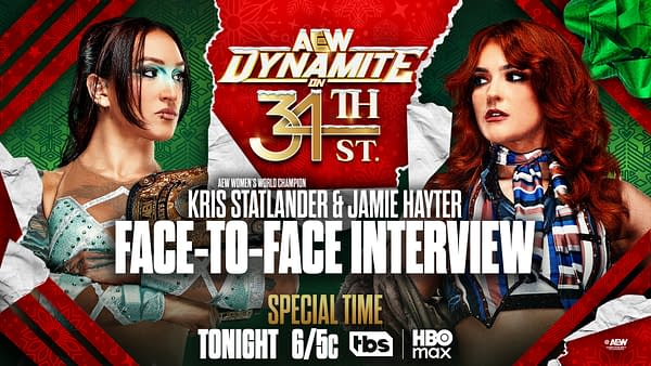 A promotional poster for AEW Dynamite features two wrestlers, Kris Statlander and Jamie Hayter, facing each other. The backdrop includes festive decorations and bold text announcing a face-to-face interview.