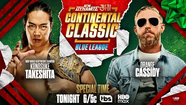 A promotional poster for AEW Dynamite featuring two wrestlers, Konosuke Takeshita on the left with a championship belt, and Orange Cassidy on the right wearing sunglasses. The background has a festive green and red theme with torn edges and text announcing a special event tonight at 6 PM.