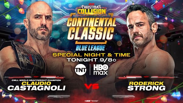 A promotional graphic for a wrestling match featuring two muscular men, Claudio Castagnoli and Roderick Strong, with vibrant backgrounds and Christmas lights. The event title, 'Christmas Collision,' is prominently displayed along with details about the match and broadcast.