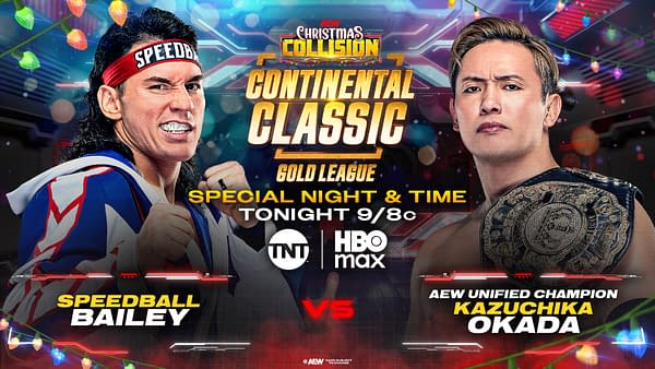 An illustration promoting an AEW wrestling match featuring Speedball Bailey versus Kazuchika Okada, with colorful background lights and festive decorations. Details highlight a special event airing tonight.