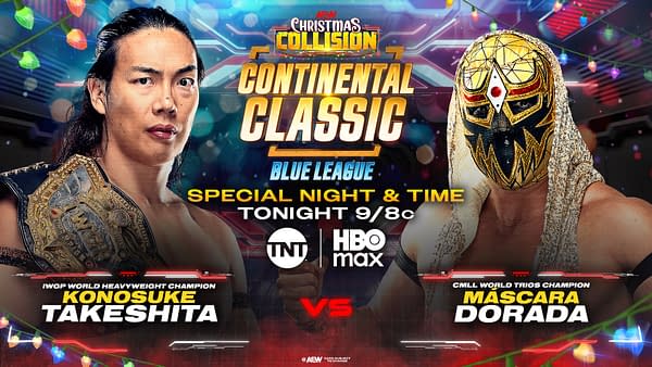 A promotional graphic for a wrestling match featuring two athletes: Konosuke Takeshita, the IWGP World Heavyweight Champion, and Máscara Dorada, the CMLL World Trios Champion. The backdrop includes colorful Christmas lights, signifying the 'Christmas Collision' event.