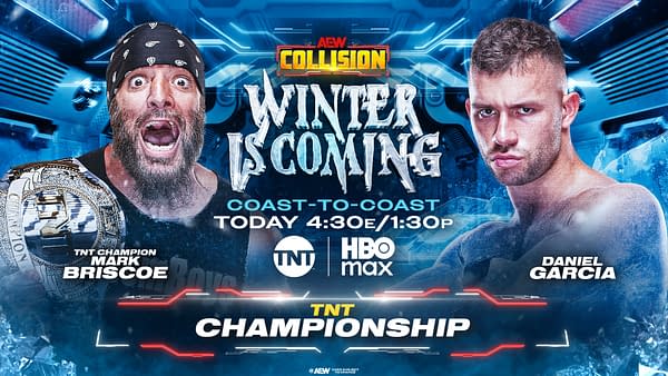 A digital promotional graphic for the AEW wrestling event featuring two competitors, Mark Briscoe, holding a championship belt, and Daniel Garcia, with icy blue background elements and event details.